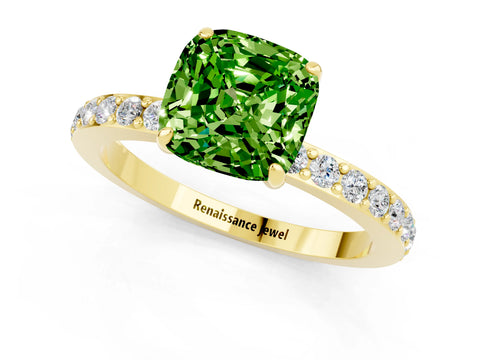 Yellow gold Cushion Cut Peridot Solitaire Engagement Ring with Pavé Band and Four-Prong Setting_1