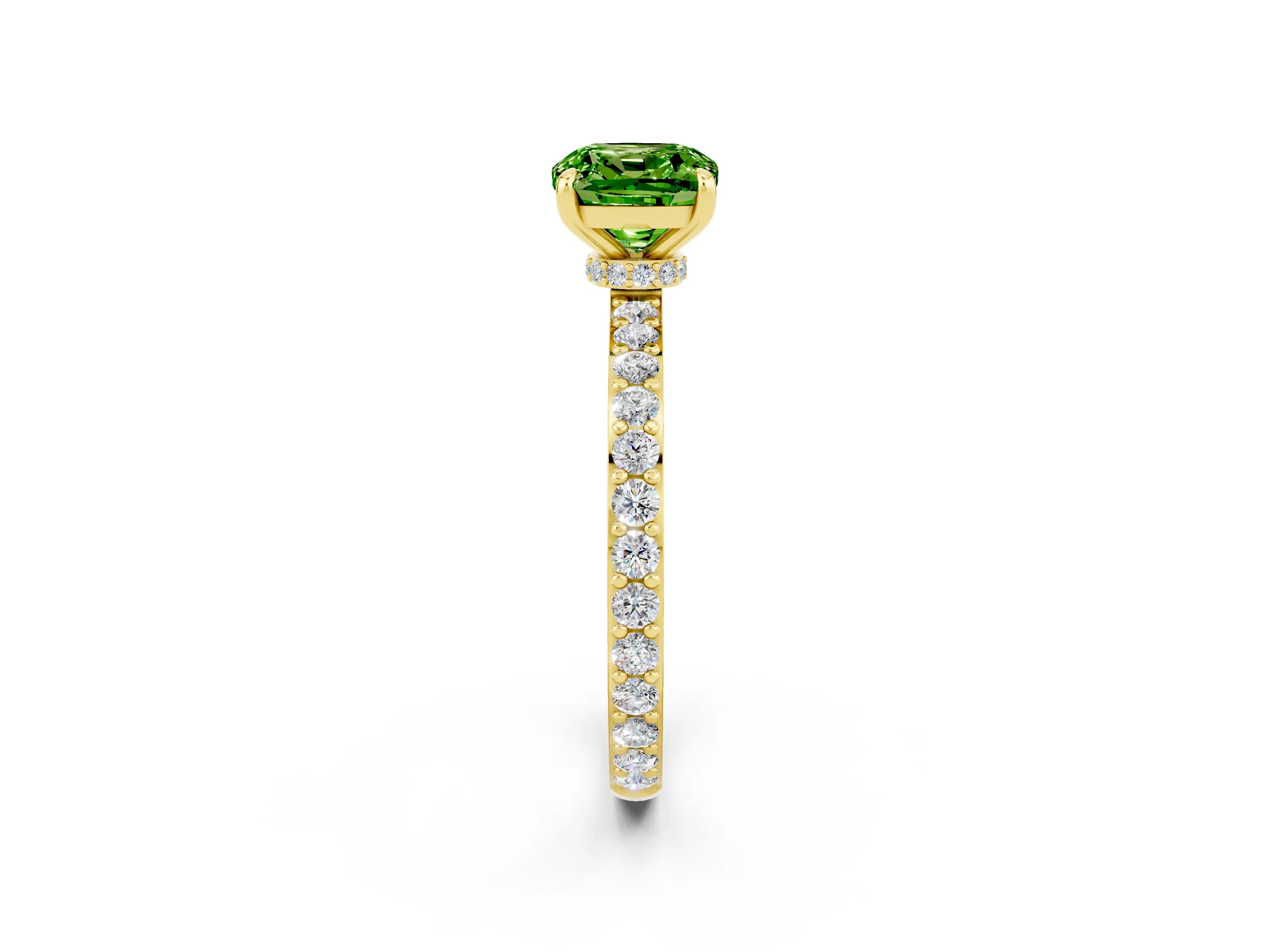 Yellow gold Cushion Cut Peridot Solitaire Engagement Ring with Pavé Band and Four-Prong Setting_2