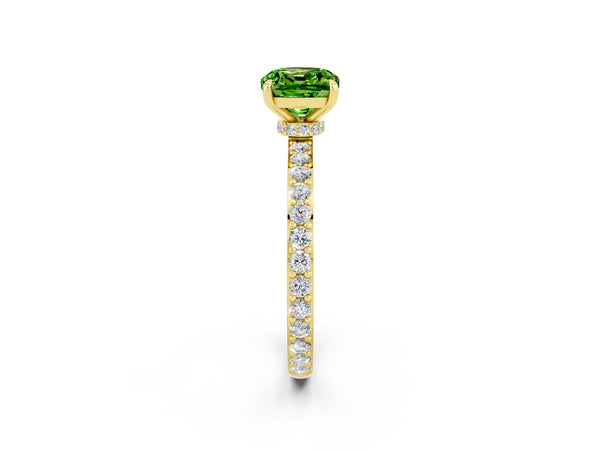 Yellow gold Cushion Cut Peridot Solitaire Engagement Ring with Pavé Band and Four-Prong Setting