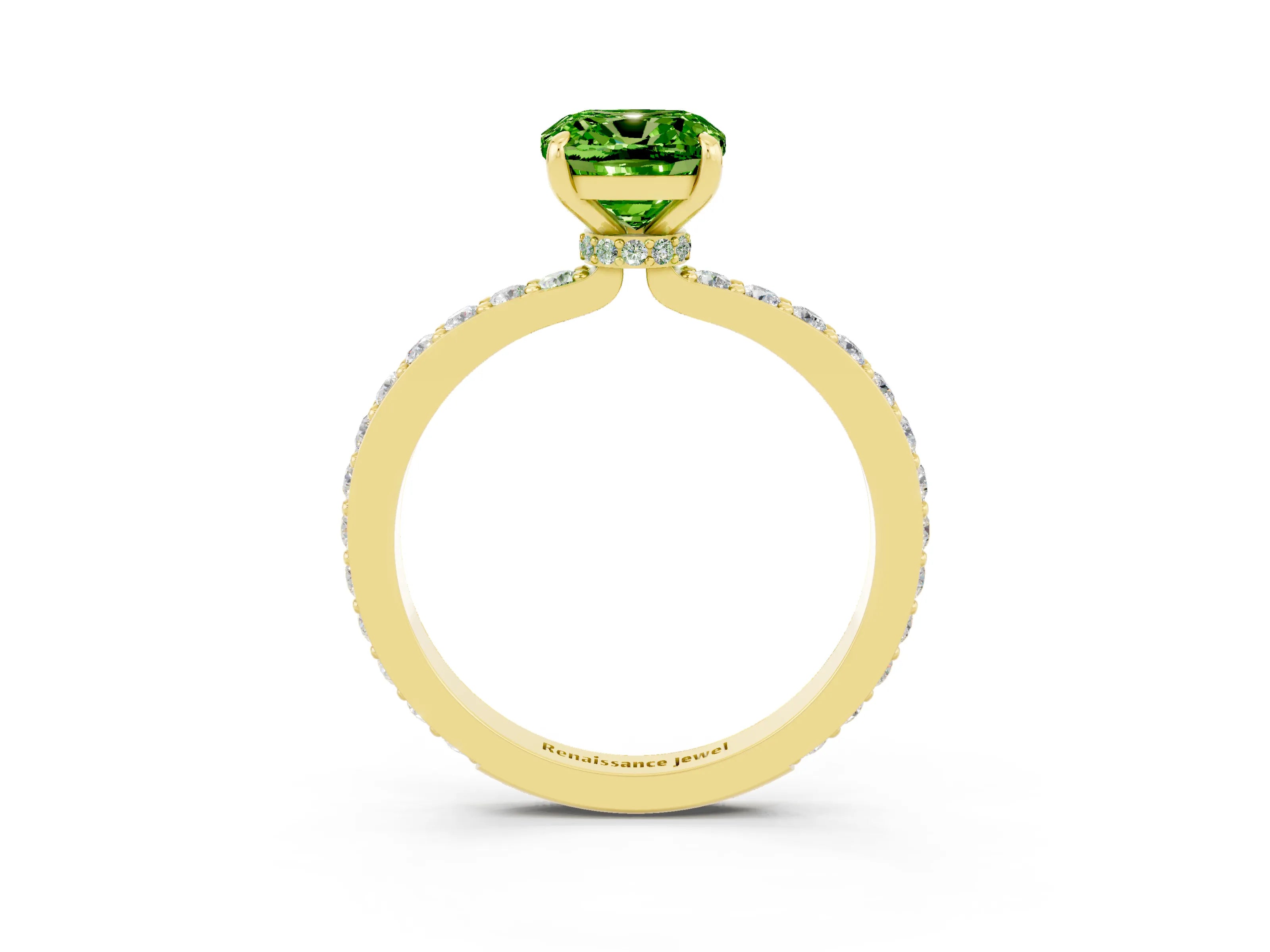 Yellow gold Cushion Cut Peridot Solitaire Engagement Ring with Pavé Band and Four-Prong Setting_3