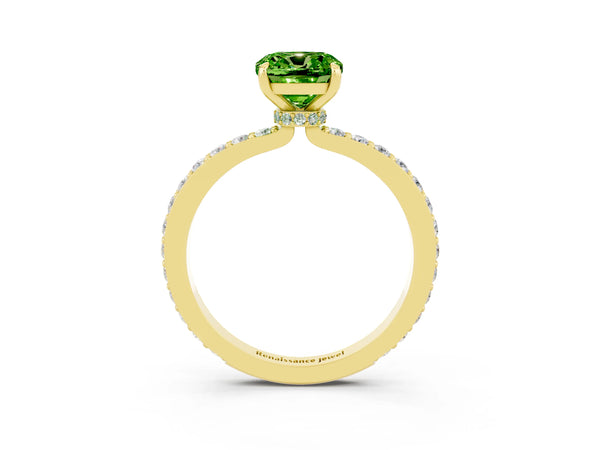 Yellow gold Cushion Cut Peridot Solitaire Engagement Ring with Pavé Band and Four-Prong Setting