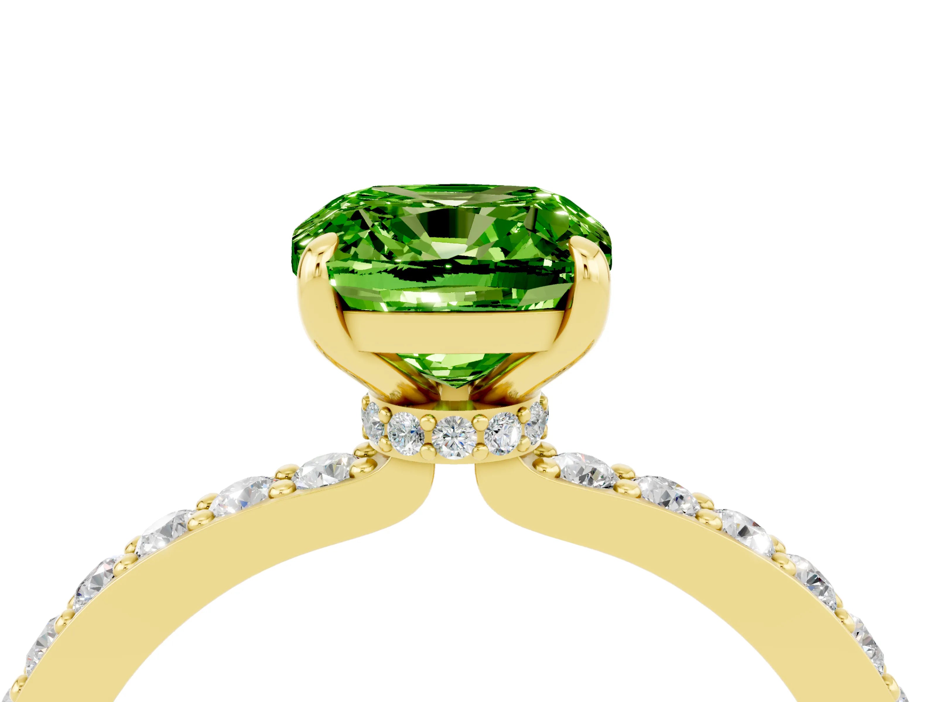 Yellow gold Cushion Cut Peridot Solitaire Engagement Ring with Pavé Band and Four-Prong Setting_4
