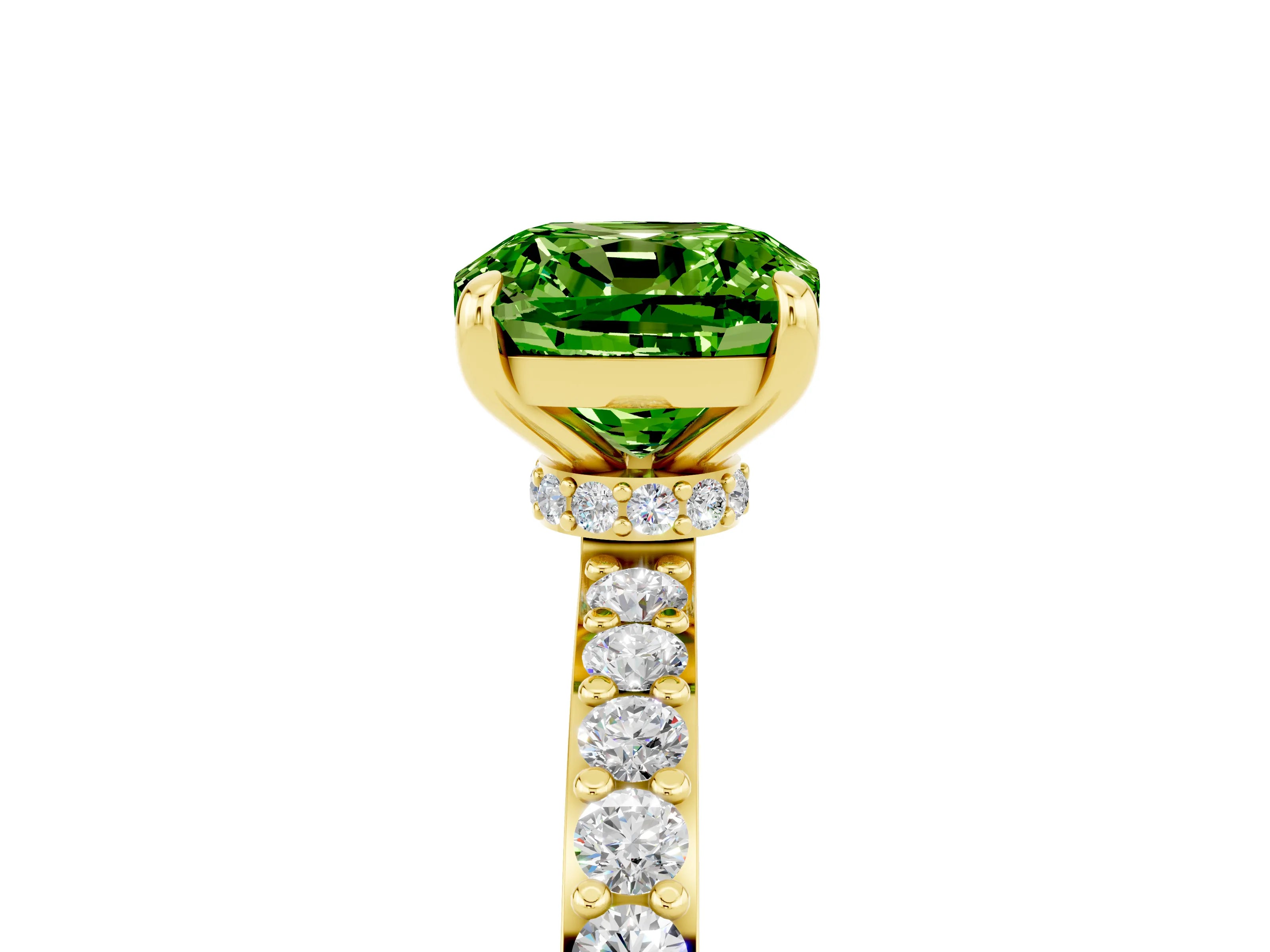 Yellow gold Cushion Cut Peridot Solitaire Engagement Ring with Pavé Band and Four-Prong Setting_5