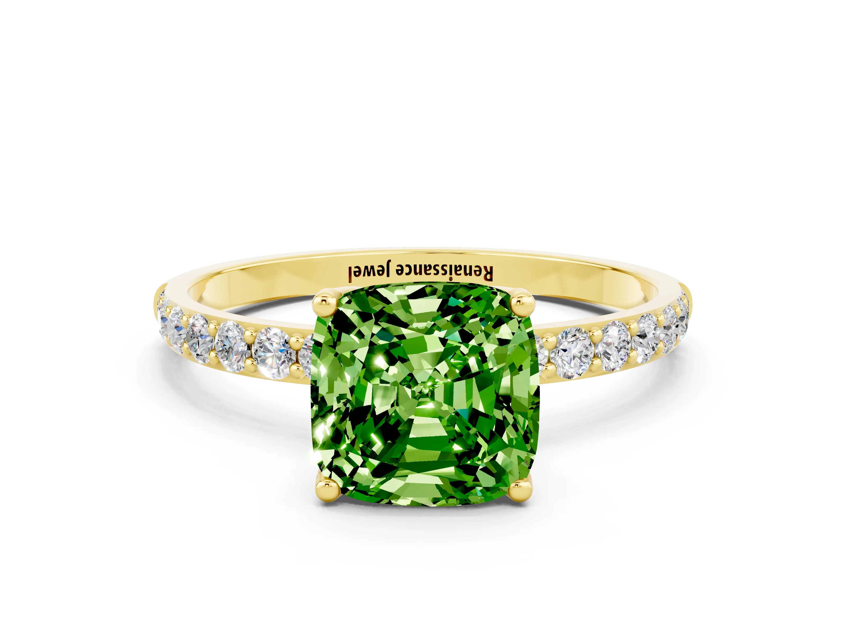 Yellow gold Cushion Cut Peridot Solitaire Engagement Ring with Pavé Band and Prong Setting