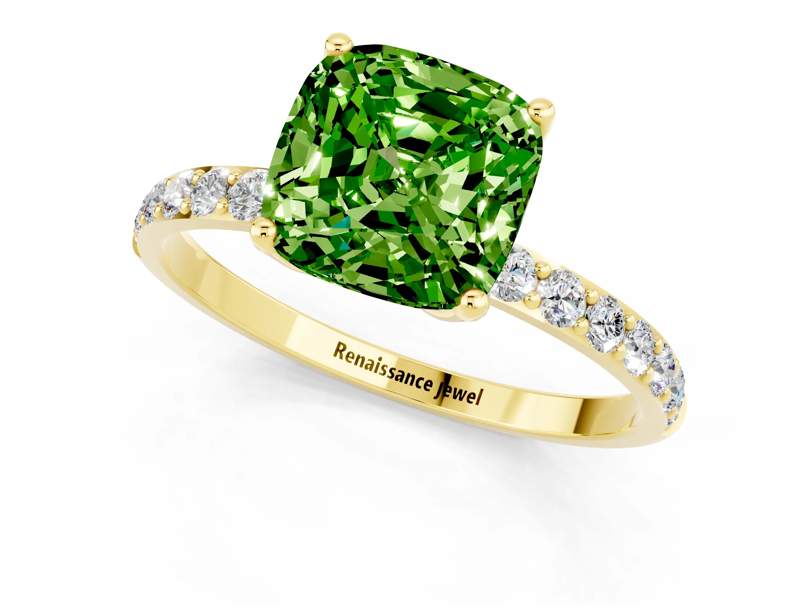 Yellow gold Cushion Cut Peridot Solitaire Engagement Ring with Pavé Band and Prong Setting_1