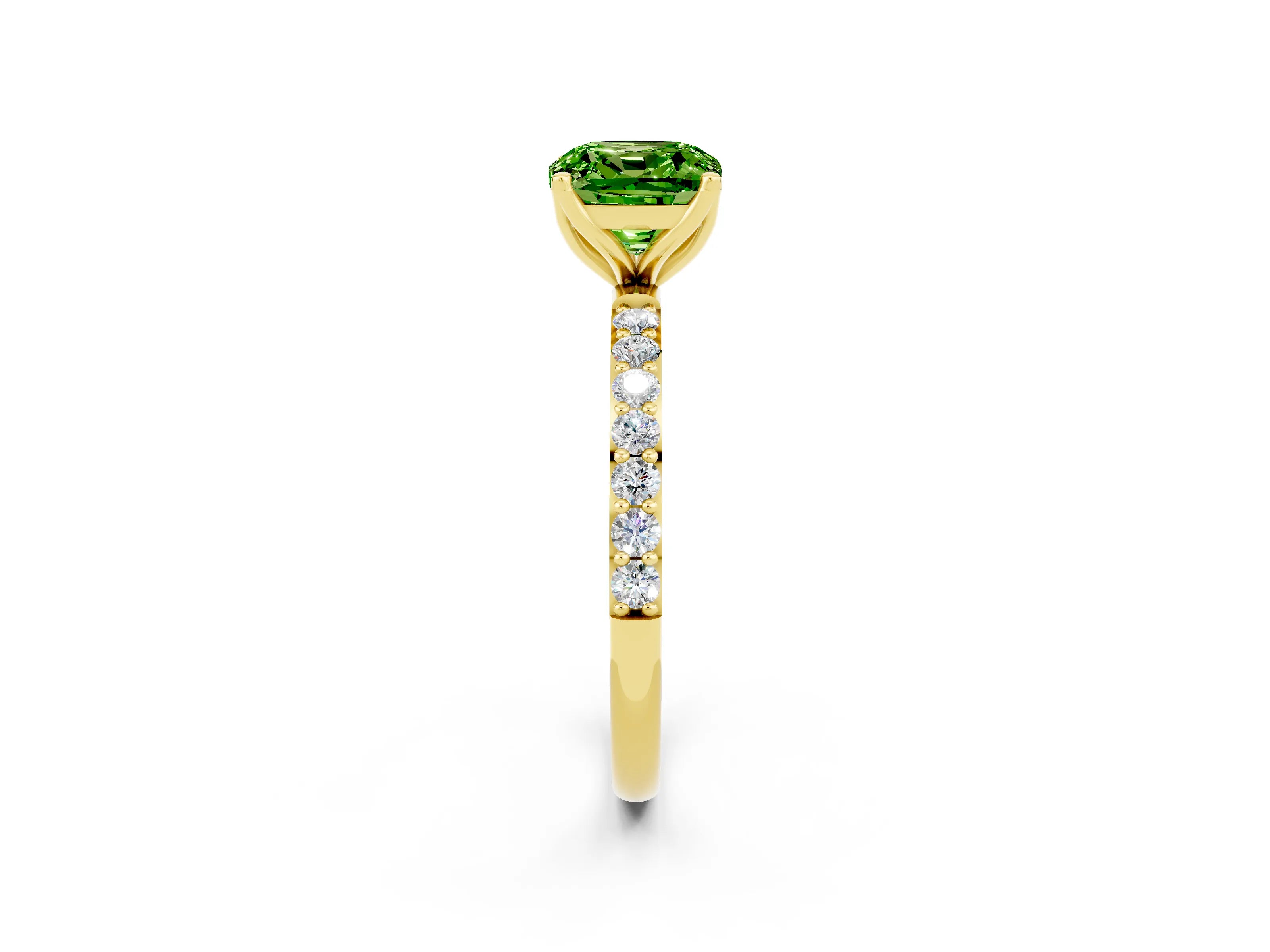 Yellow gold Cushion Cut Peridot Solitaire Engagement Ring with Pavé Band and Prong Setting_2