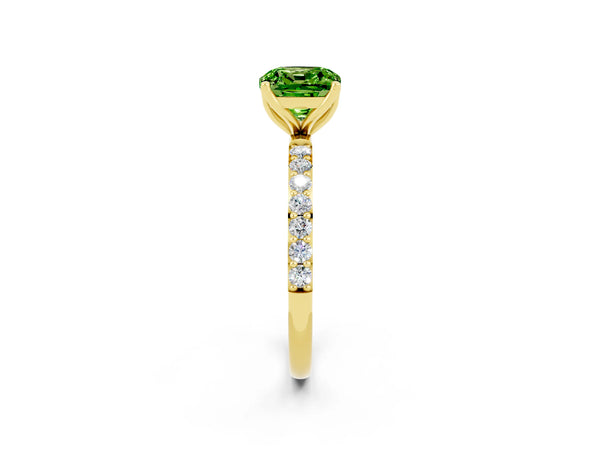 Yellow gold Cushion Cut Peridot Solitaire Engagement Ring with Round  Pavé Band and Prong Setting