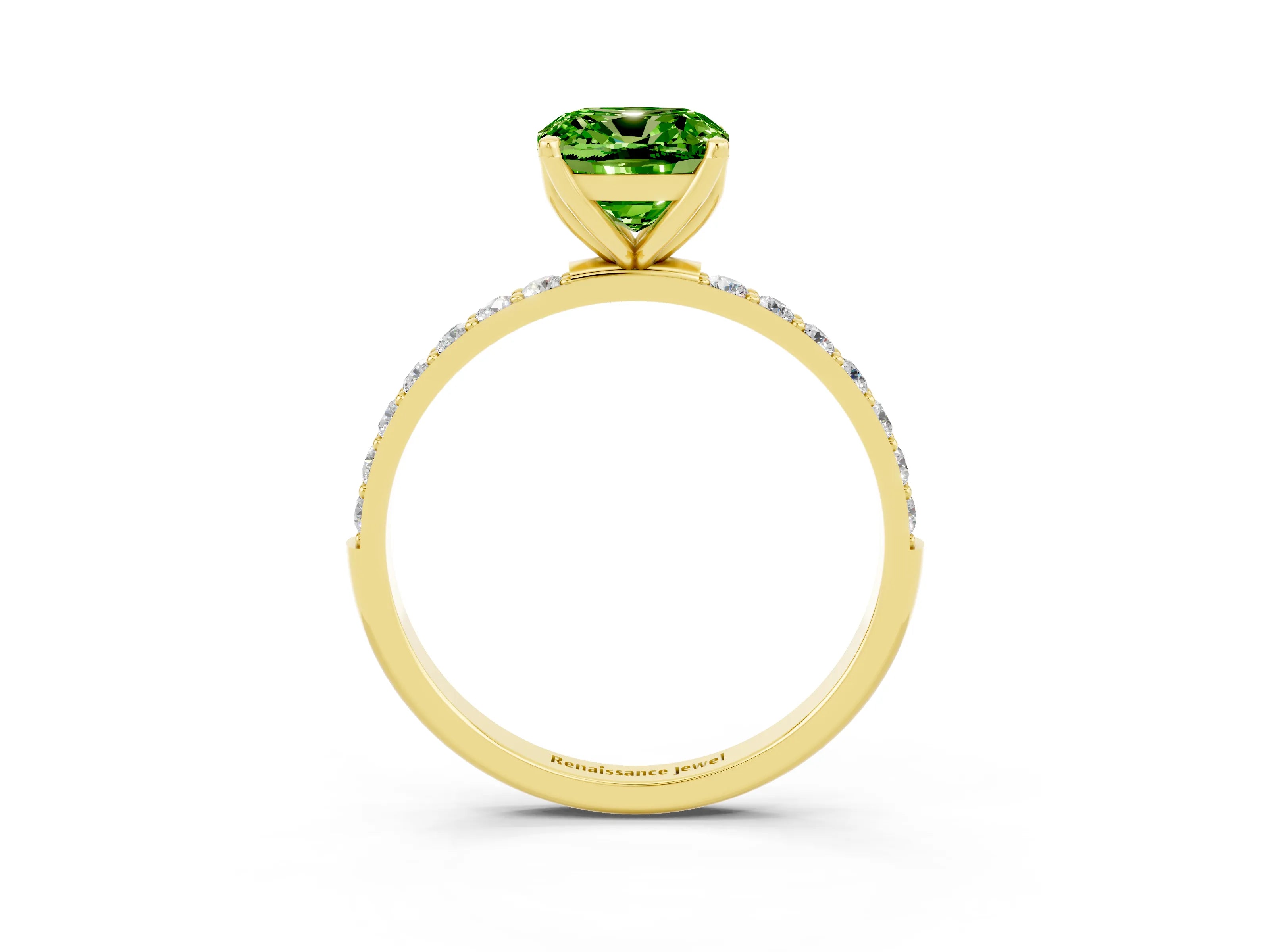 Yellow gold Cushion Cut Peridot Solitaire Engagement Ring with Pavé Band and Prong Setting_3