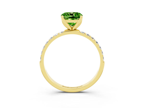 Yellow gold Cushion Cut Peridot Solitaire Engagement Ring with Round  Pavé Band and Prong Setting