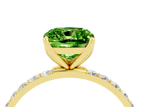 Yellow gold Cushion Cut Peridot Solitaire Engagement Ring with Pavé Band and Prong Setting_4