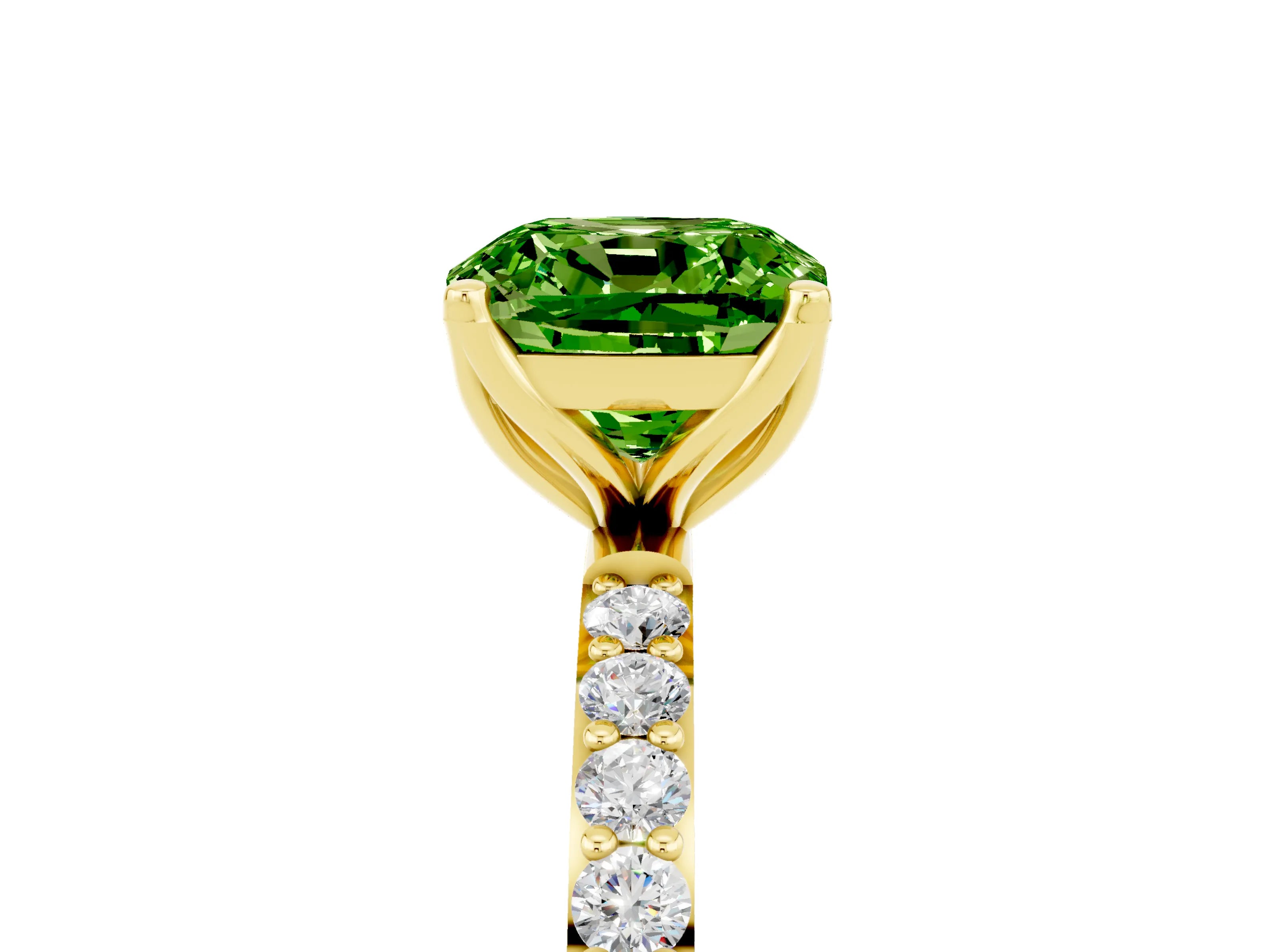 Yellow gold Cushion Cut Peridot Solitaire Engagement Ring with Pavé Band and Prong Setting_5