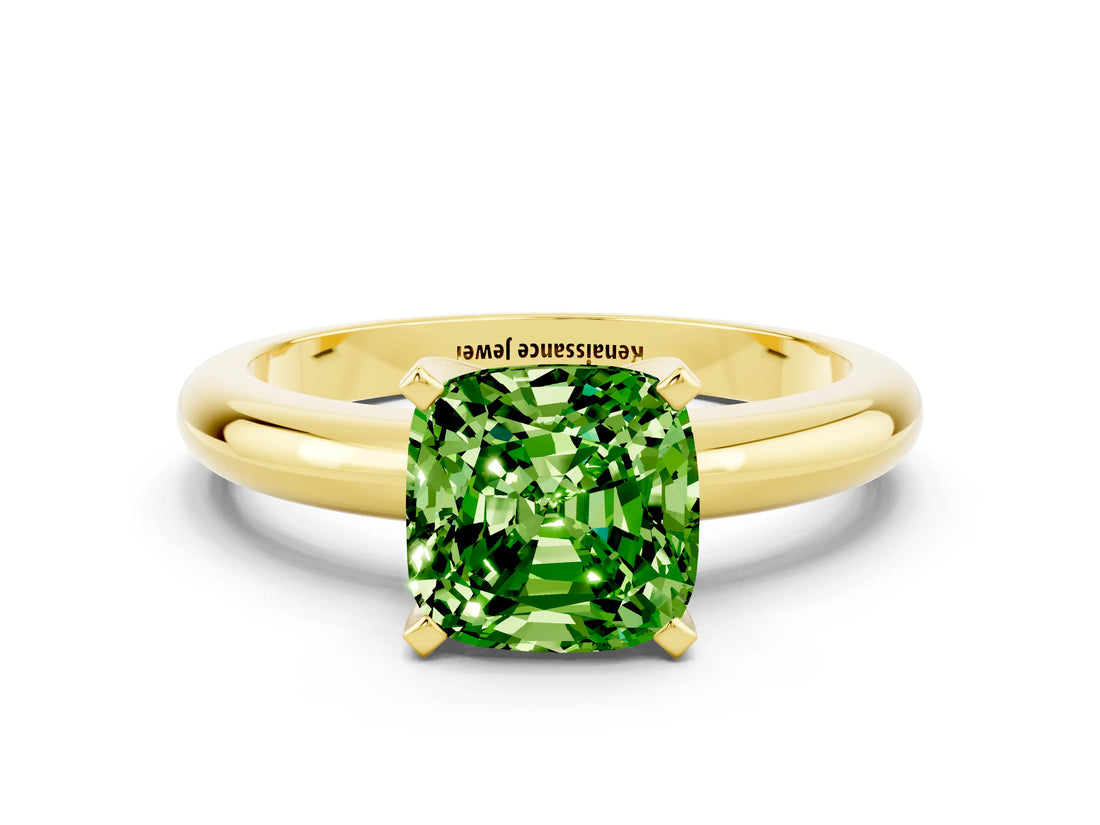 Yellow gold Cushion Cut Peridot Solitaire Engagement Ring with Round Band and Four-Prong Setting