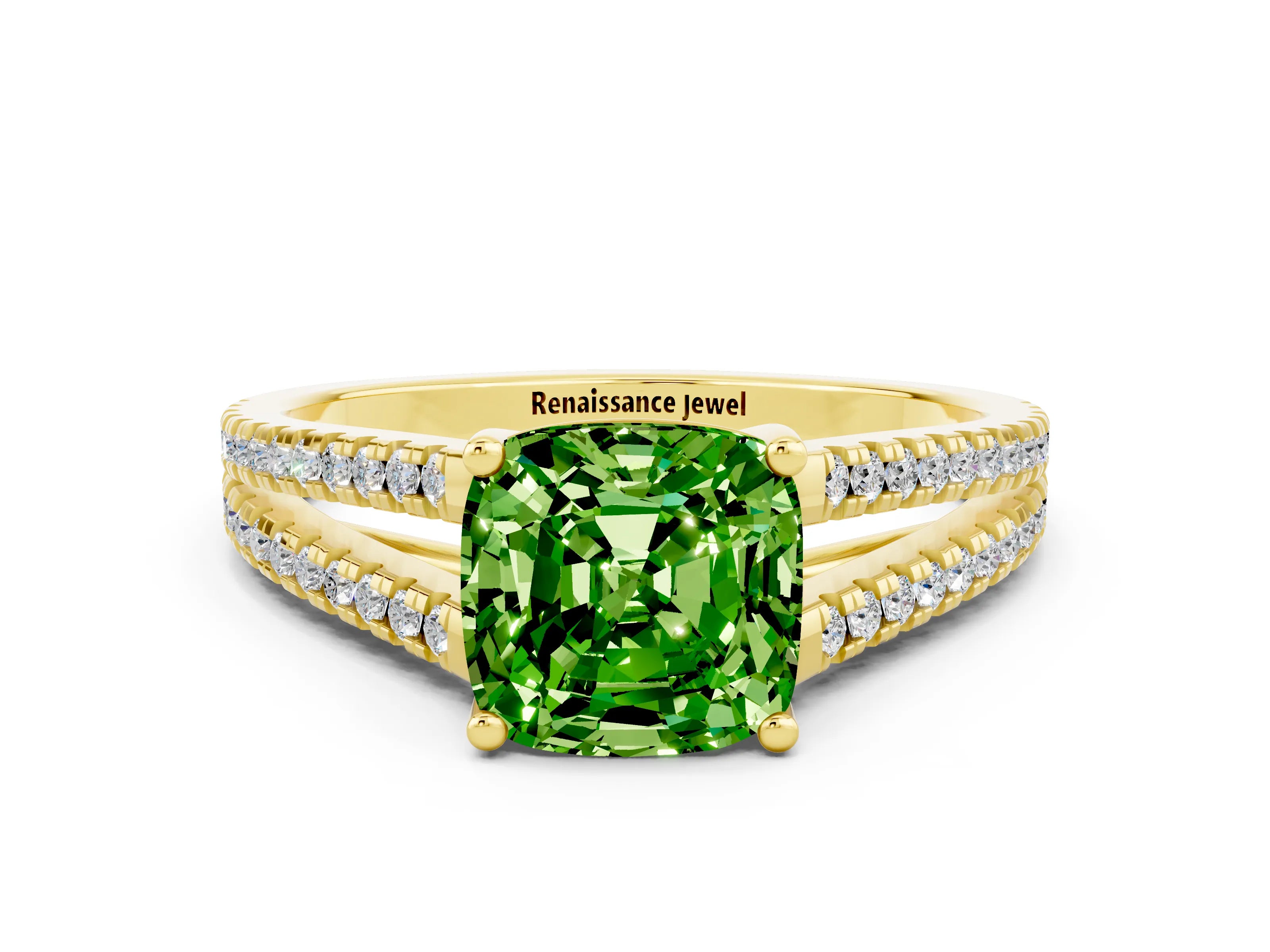 Yellow gold Cushion Cut Peridot Solitaire Engagement Ring with Split Shank Pavé Band