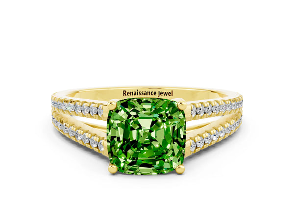 Yellow gold Cushion Cut Peridot Solitaire Engagement Ring with Split Shank Pavé Band