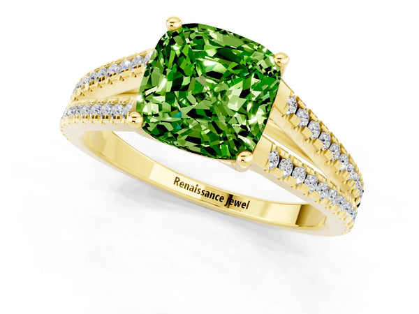Yellow gold Cushion Cut Peridot Solitaire Engagement Ring with Split Shank Pavé Band