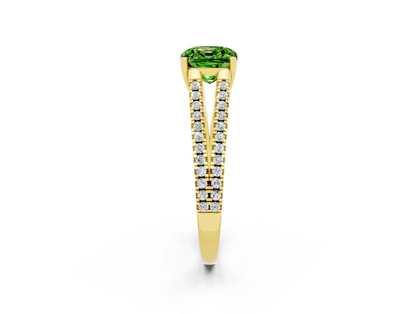 Yellow gold Cushion Cut Peridot Solitaire Engagement Ring with Split Shank Pavé Band