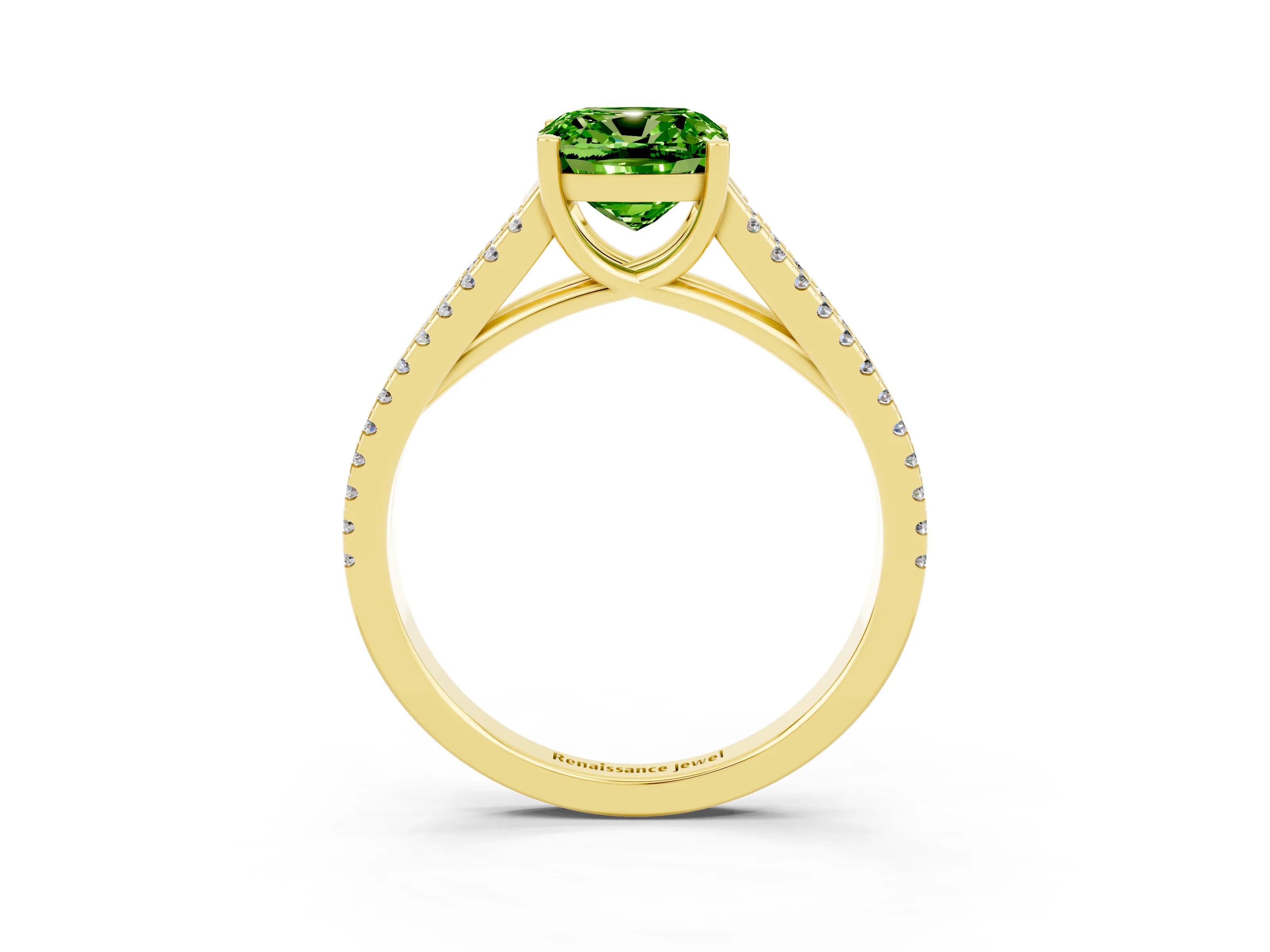 Yellow gold Cushion Cut Peridot Solitaire Engagement Ring with Split Shank Pavé Band_3