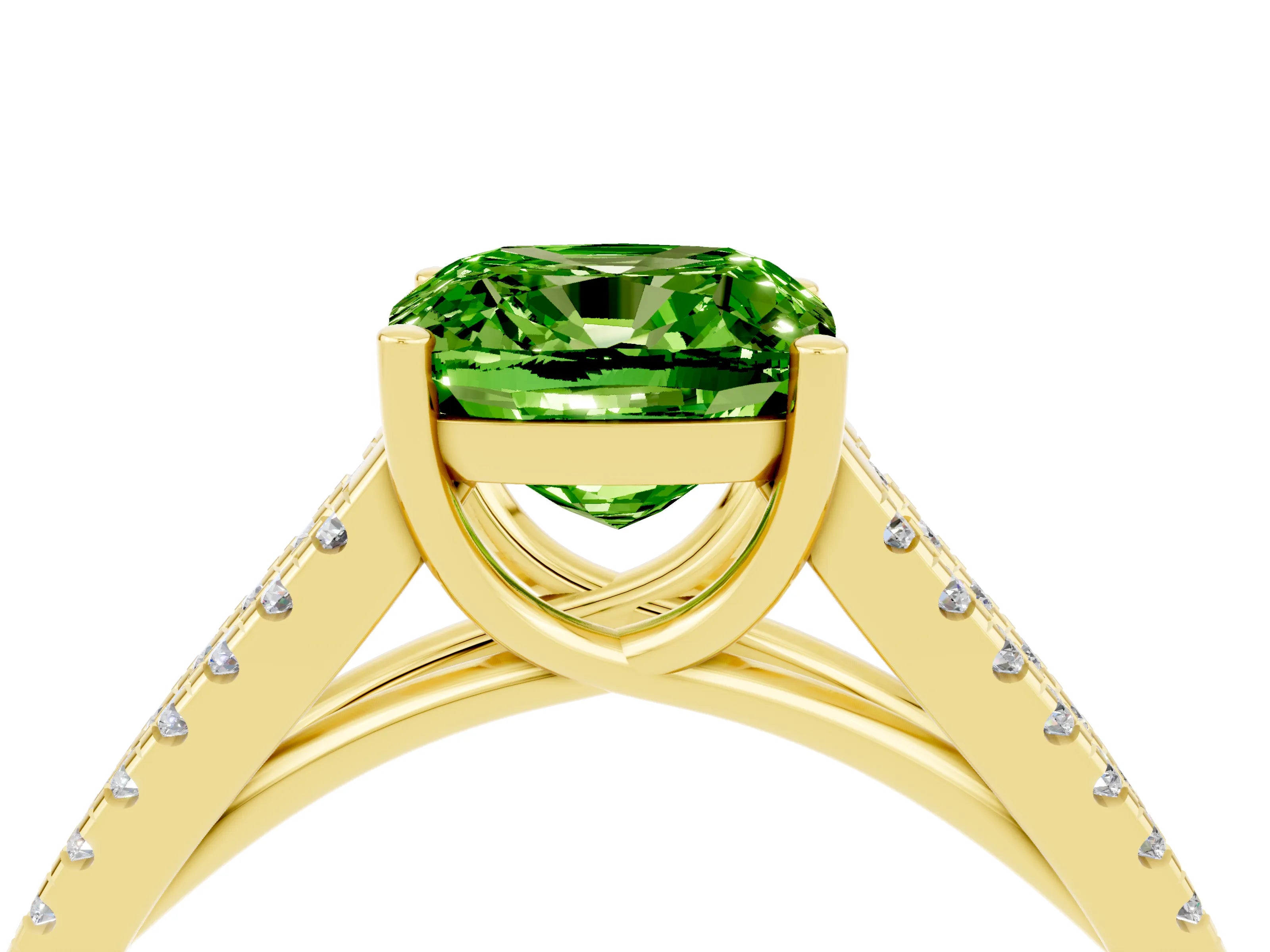 Yellow gold Cushion Cut Peridot Solitaire Engagement Ring with Split Shank Pavé Band_4