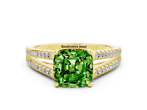 Yellow gold Cushion Cut Peridot Solitaire Engagement Ring with Split Shank Pavé Band