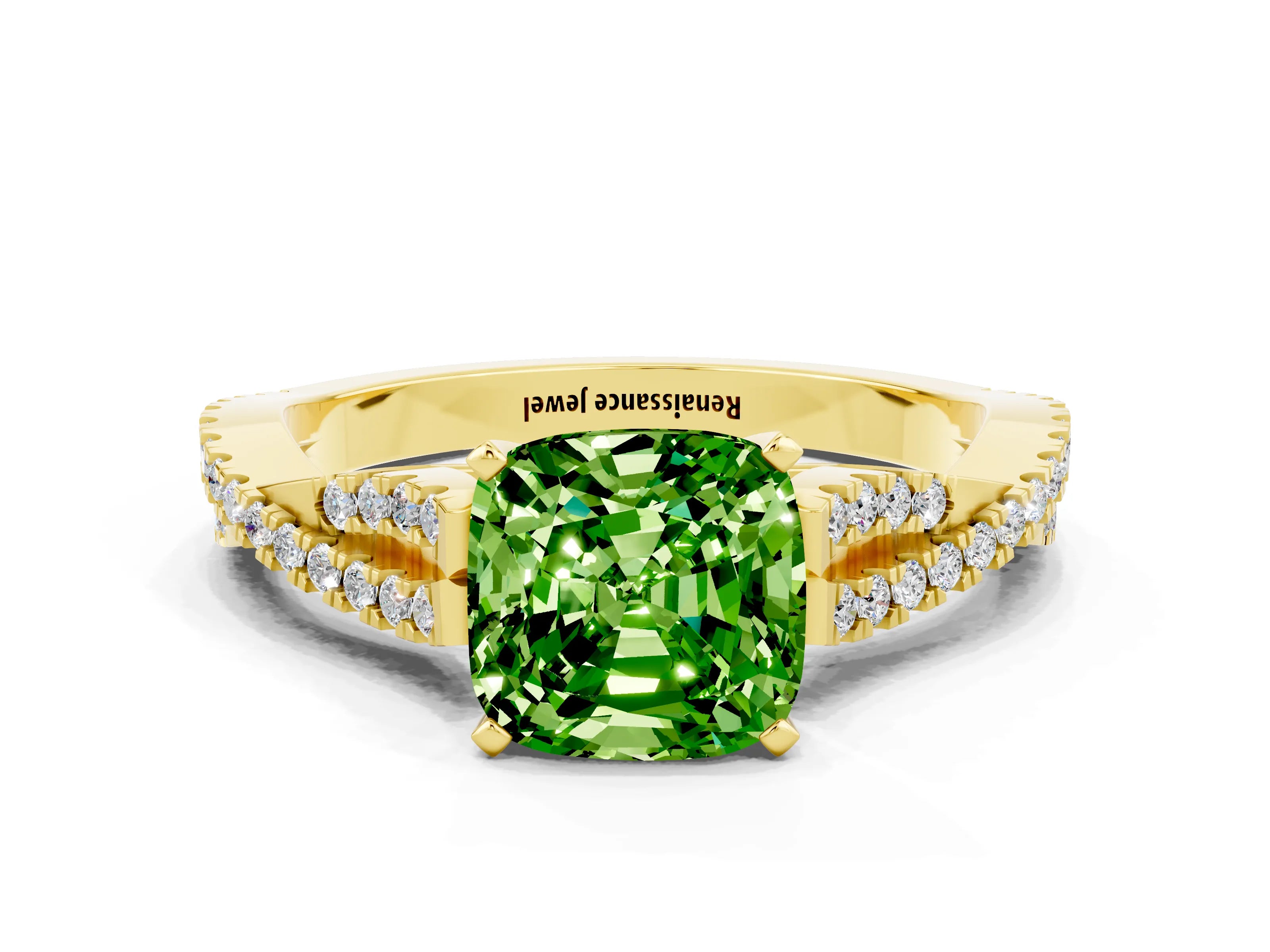 Yellow gold Cushion Cut Peridot Solitaire Engagement Ring with Twisted Pavé Band and Four-Prong Setting_12