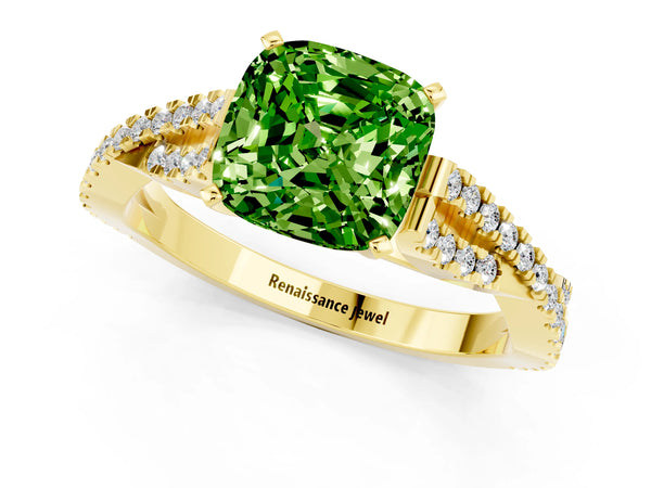Yellow gold Cushion Cut Peridot Solitaire Engagement Ring with Twisted Pavé Band and Four-Prong Setting