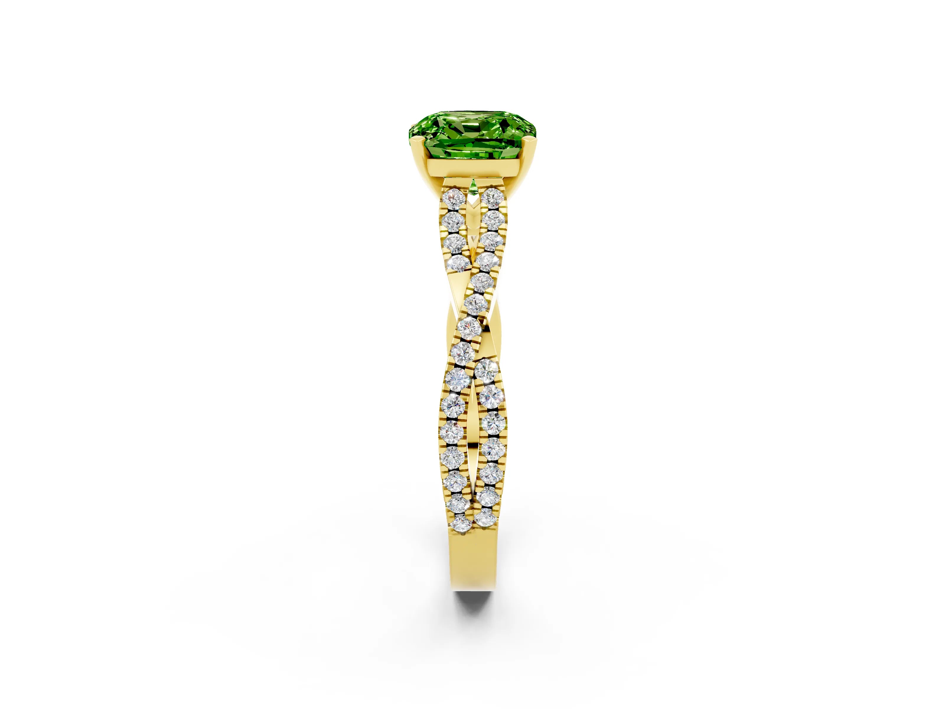 Yellow gold Cushion Cut Peridot Solitaire Engagement Ring with Twisted Pavé Band and Four-Prong Setting_14