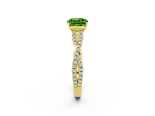 Yellow gold Cushion Cut Peridot Solitaire Engagement Ring with Twisted Pavé Band and Four-Prong Setting