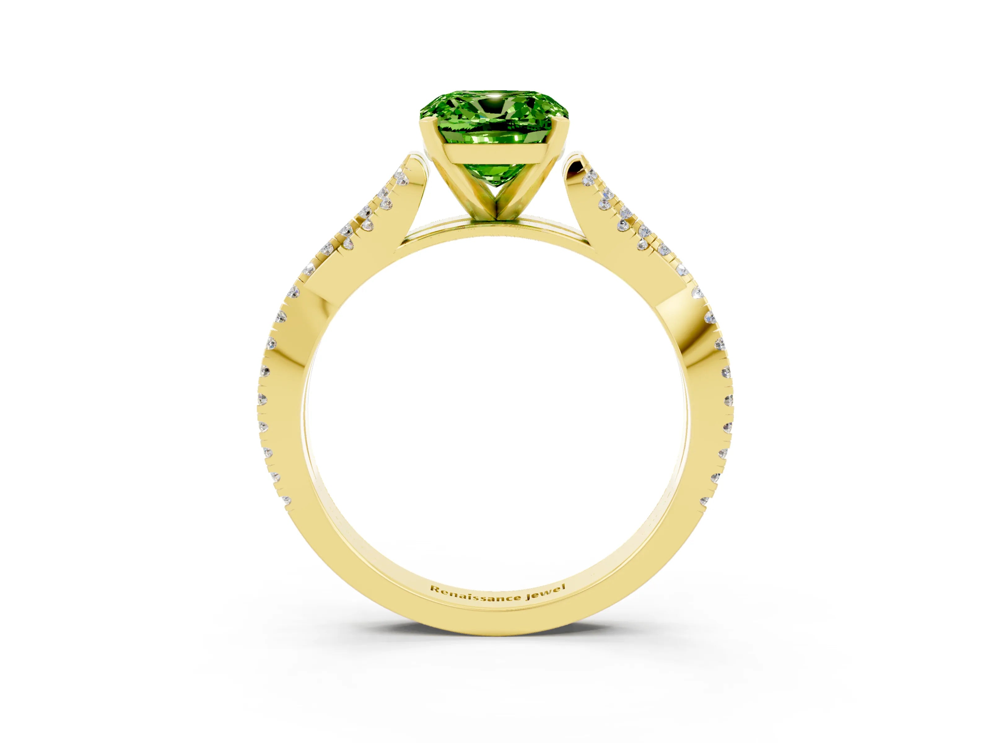 Yellow gold Cushion Cut Peridot Solitaire Engagement Ring with Twisted Pavé Band and Four-Prong Setting_15