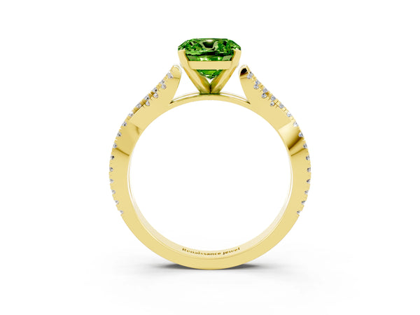 Yellow gold Cushion Cut Peridot Solitaire Engagement Ring with Twisted Pavé Band and Four-Prong Setting