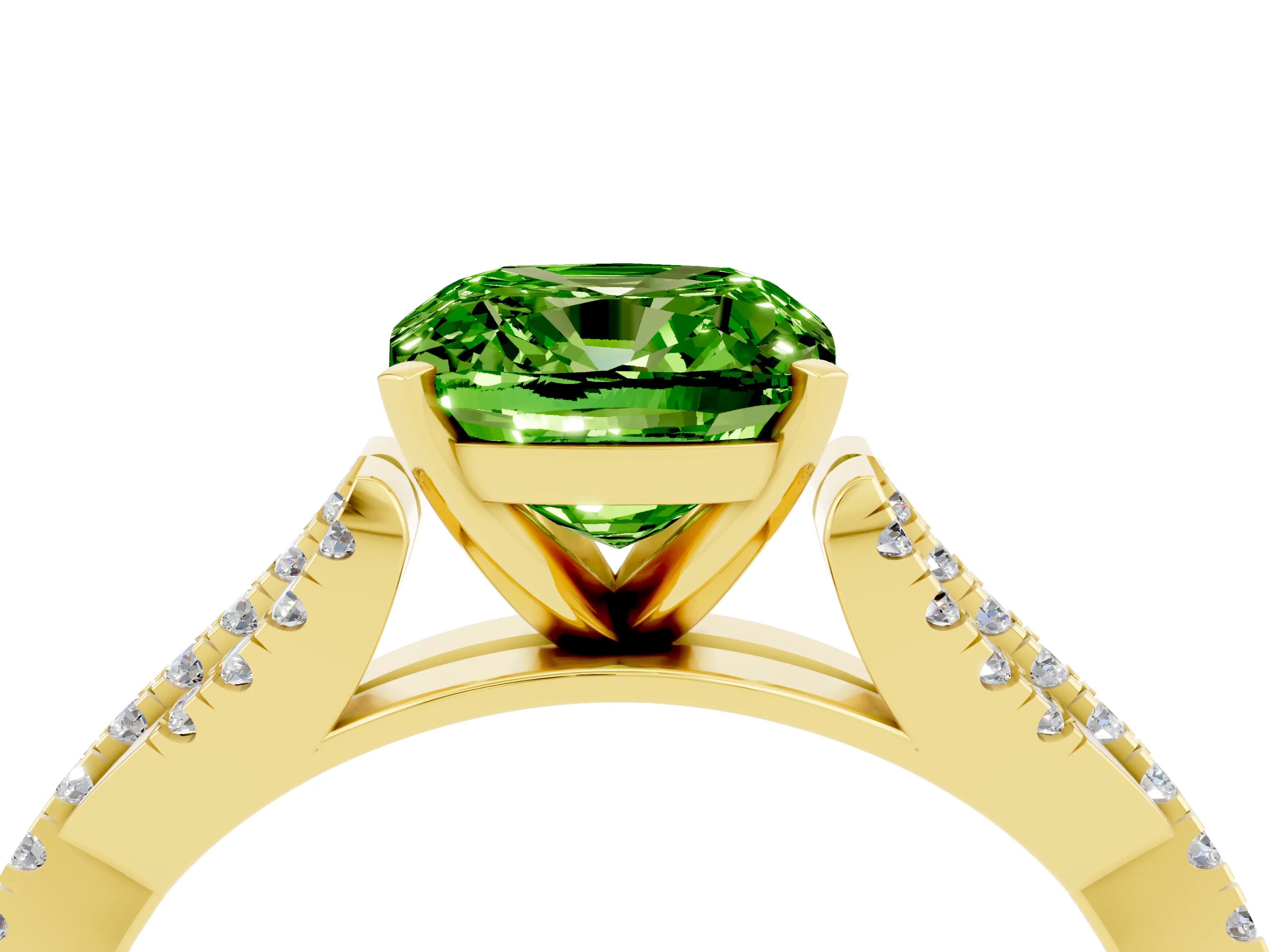 Yellow gold Cushion Cut Peridot Solitaire Engagement Ring with Twisted Pavé Band and Four-Prong Setting_16