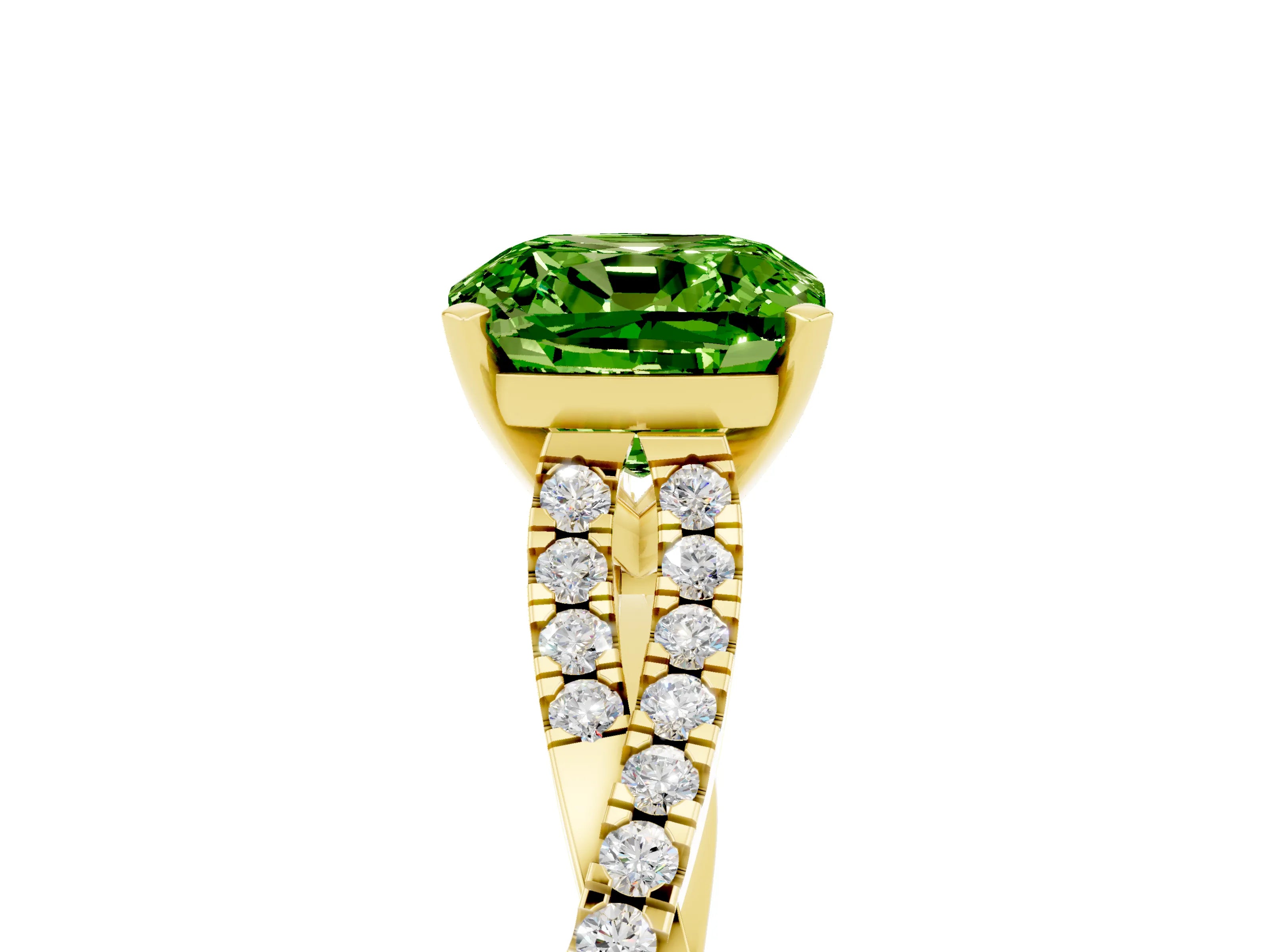 Yellow gold Cushion Cut Peridot Solitaire Engagement Ring with Twisted Pavé Band and Four-Prong Setting_17