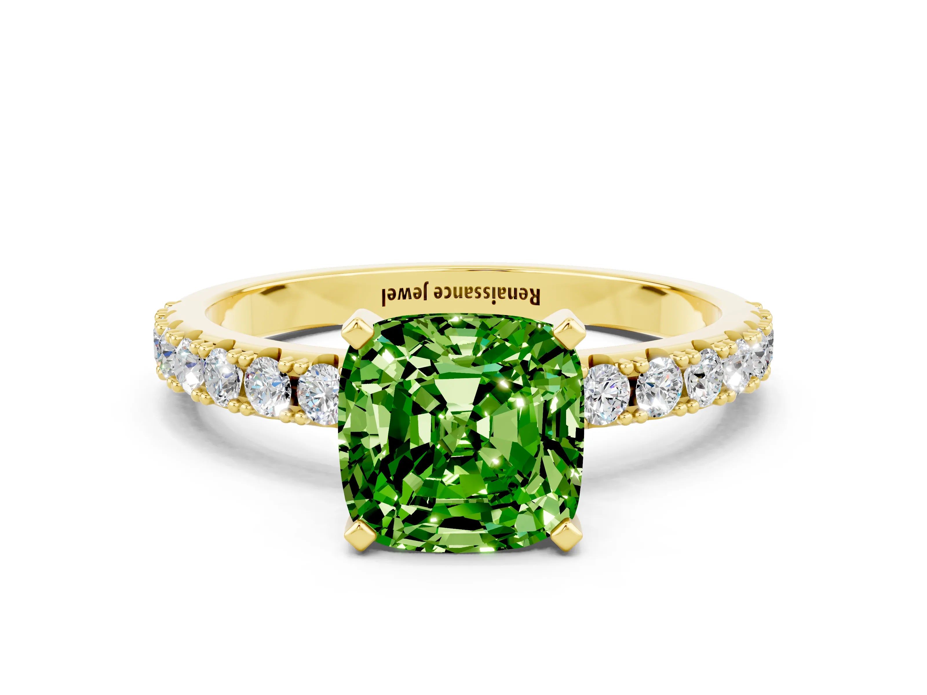 Yellow gold Cushion Cut Peridot Solitaire Pavé Band with Four-Prong Setting