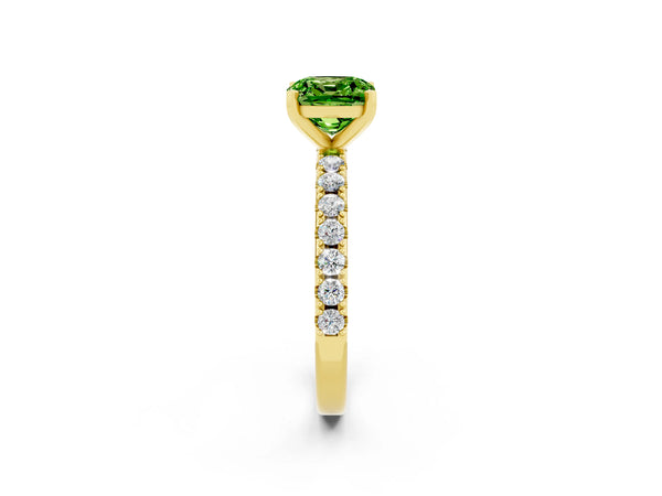 Yellow gold Cushion Cut Peridot Solitaire Pavé Band with Four-Prong Setting