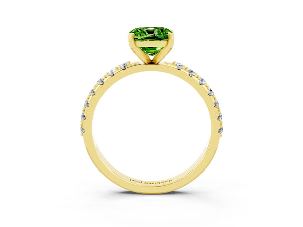 Yellow gold Cushion Cut Peridot Solitaire Pavé Band with Four-Prong Setting