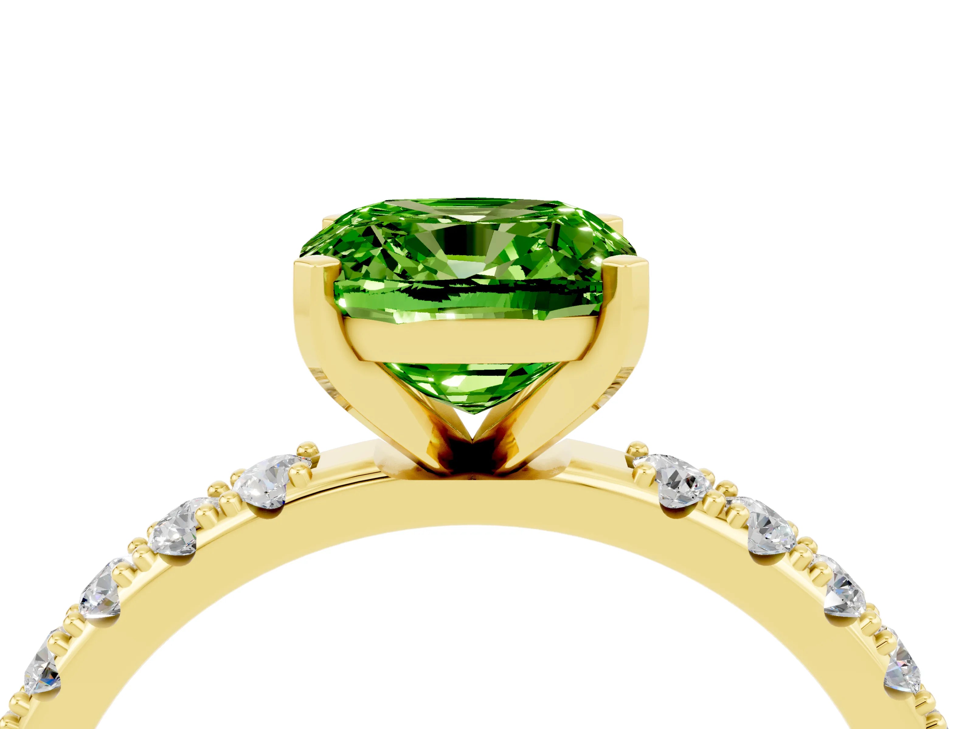 Yellow gold Cushion Cut Peridot Solitaire Pavé Band with Four-Prong Setting_4