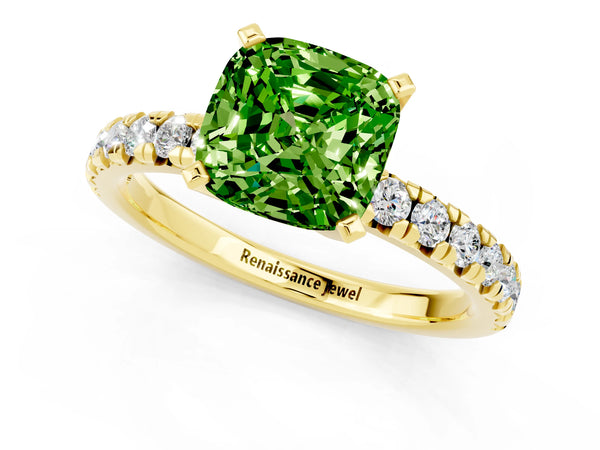Yellow gold Cushion Cut Peridot Solitaire Pavé Engagement Ring with Round Band and Prong Setting