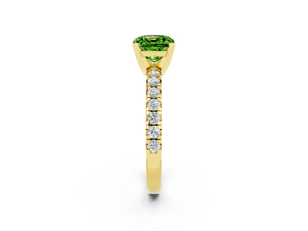 Yellow gold Cushion Cut Peridot Solitaire Pavé Engagement Ring with Round Band and Prong Setting