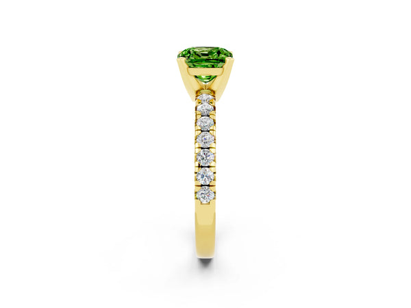 Yellow gold Cushion Cut Peridot Solitaire Pavé Engagement Ring with Round Band and Prong Setting