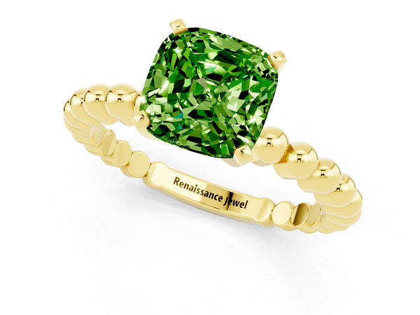Yellow gold Cushion Cut Peridot Solitaire Ring with Beaded Band and Prong Setting