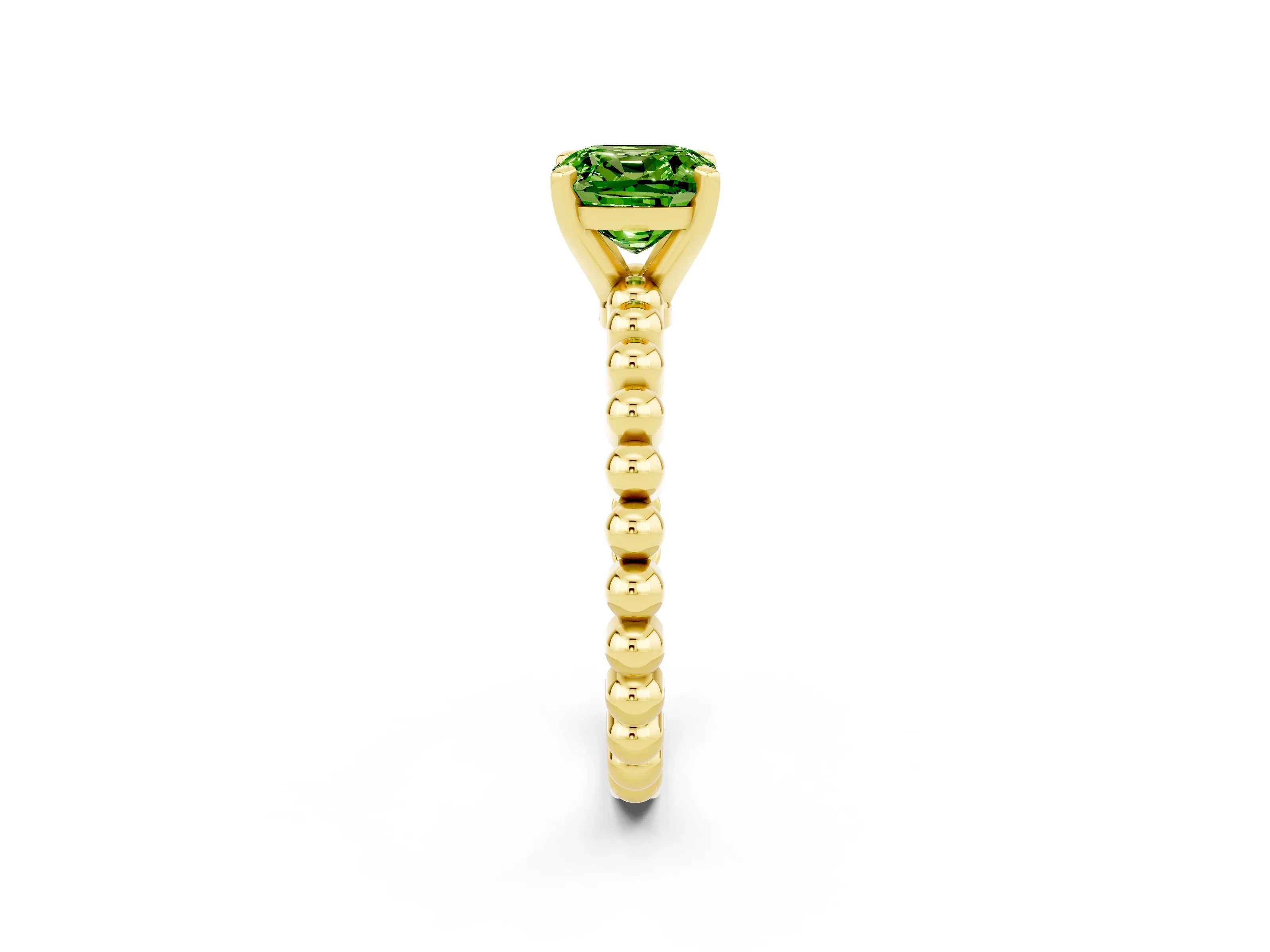 Yellow gold Cushion Cut Peridot Solitaire Ring with Beaded Band and Prong Setting_2