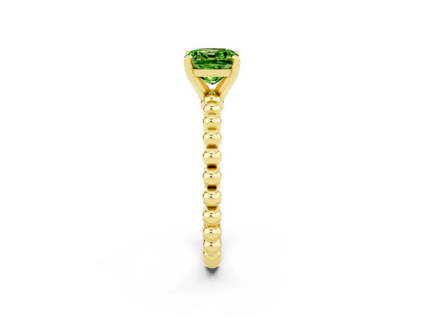 Yellow gold Cushion Cut Peridot Solitaire Ring with Beaded Band and Prong Setting