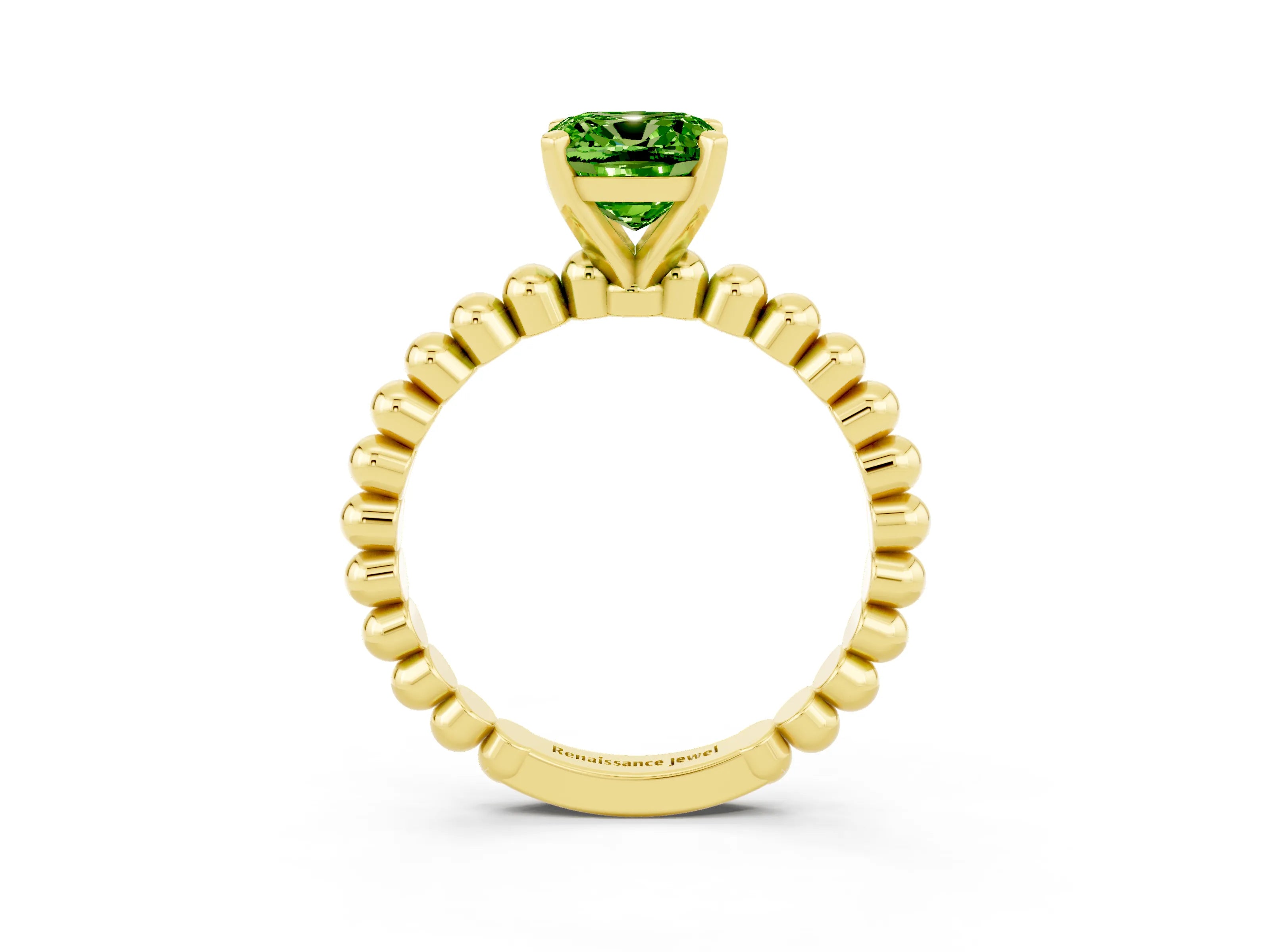 Yellow gold Cushion Cut Peridot Solitaire Ring with Beaded Band and Prong Setting_3