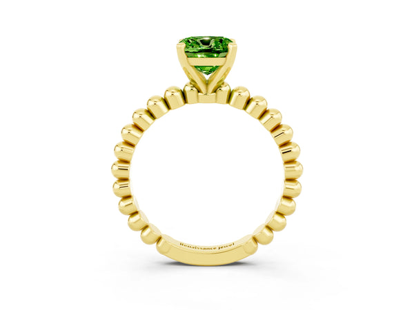 Yellow gold Cushion Cut Peridot Solitaire Ring with Beaded Band and Prong Setting