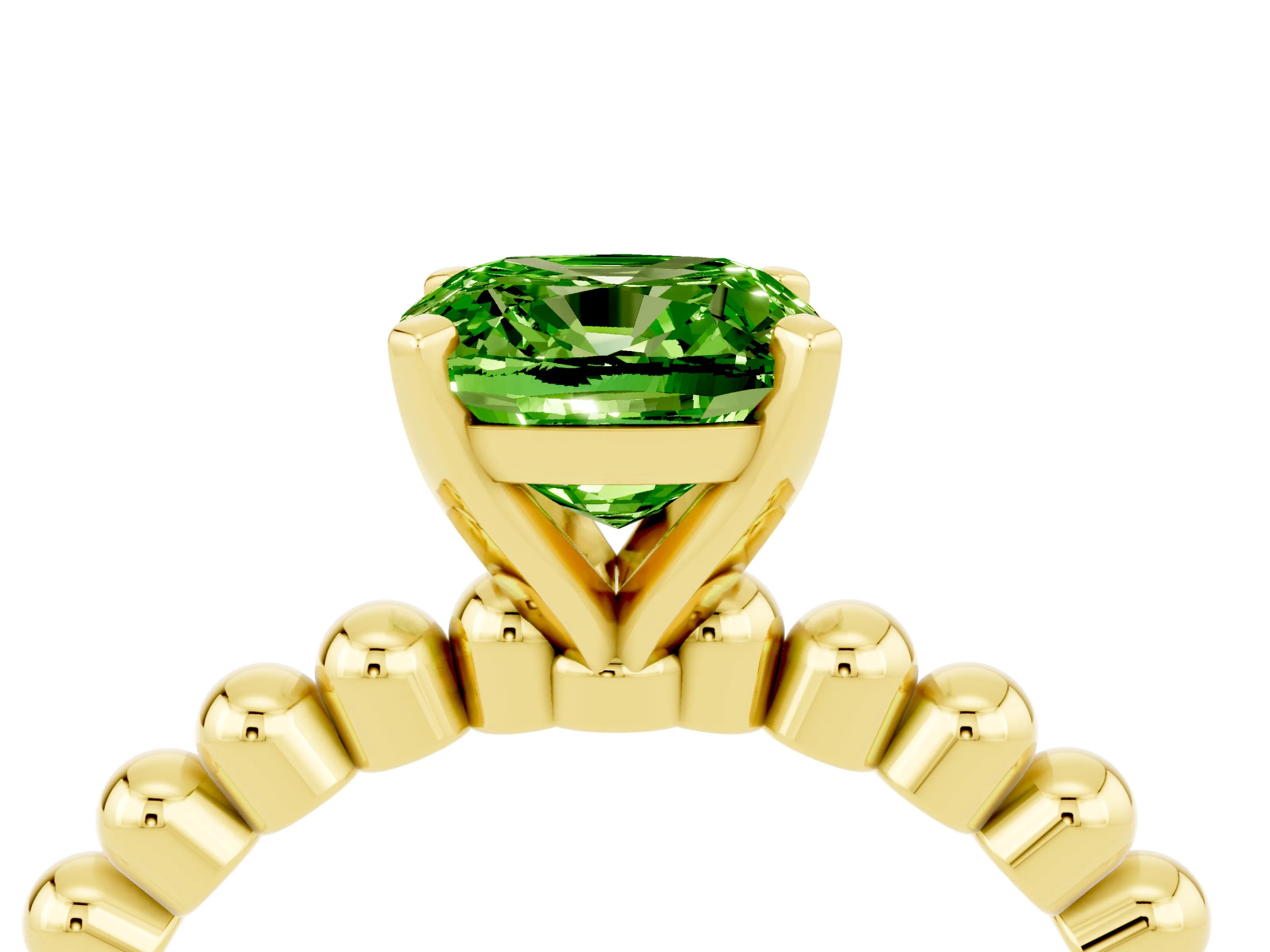 Yellow gold Cushion Cut Peridot Solitaire Ring with Beaded Band and Prong Setting_4