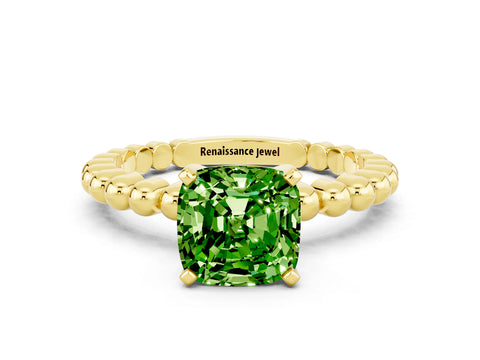 Yellow gold Cushion Cut Peridot Solitaire Ring with Beaded Band and Prong Setting