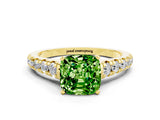Yellow gold Cushion Cut Peridot Solitaire Ring with Cathedral Setting and Pavé Band