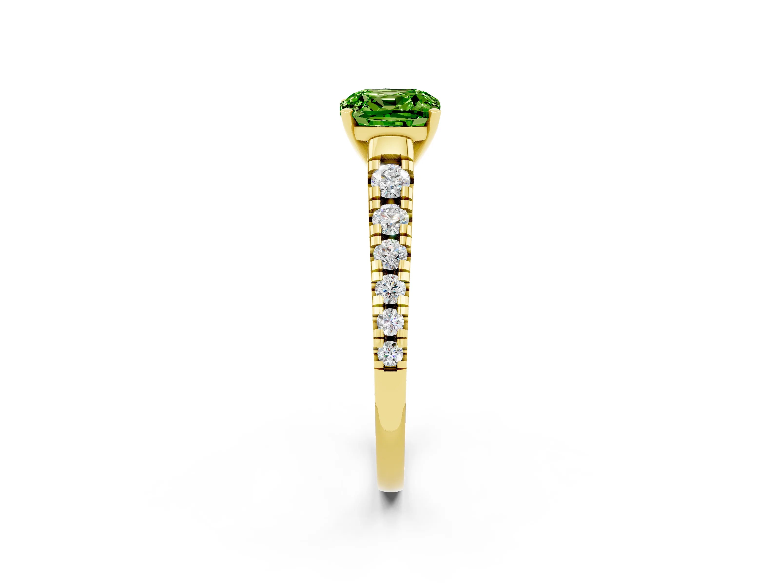 Yellow gold Cushion Cut Peridot Solitaire Ring with Cathedral Setting and Pavé Band_2