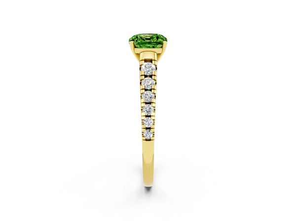 Yellow gold Cushion Cut Peridot Cathedral Solitaire Ring with Round  Pavé Band