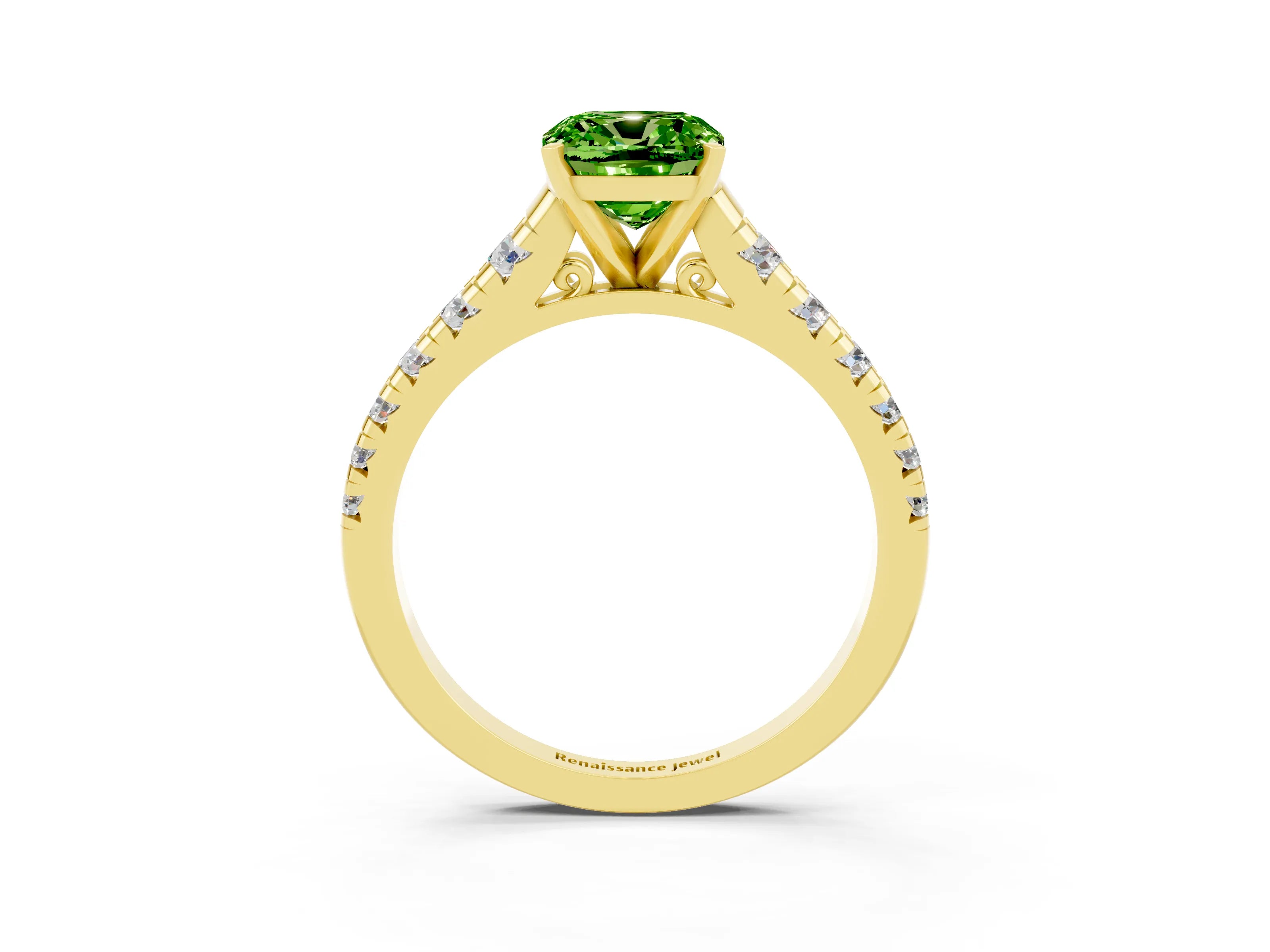 Yellow gold Cushion Cut Peridot Solitaire Ring with Cathedral Setting and Pavé Band_3