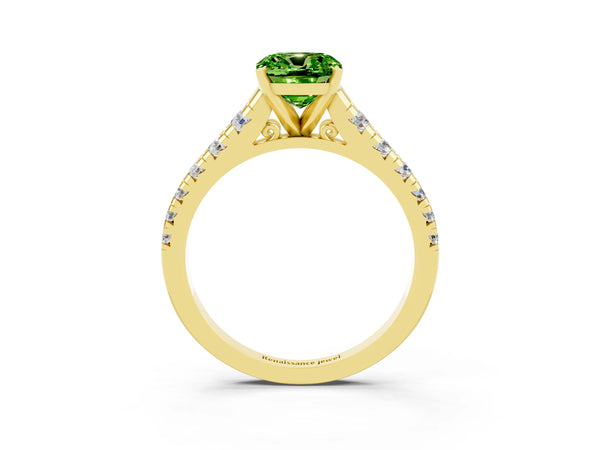 Yellow gold Cushion Cut Peridot Cathedral Solitaire Ring with Round  Pavé Band